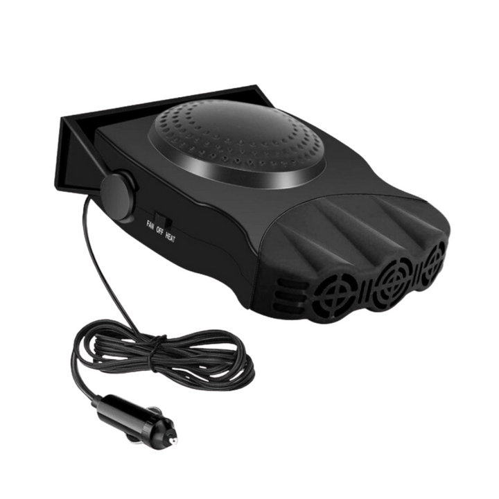 Kompaktowa nagrzewnica samochodowa z funkcją odszraniania, czarna, podłączona do zapalniczki, zapewnia odszranianie i wentylację.