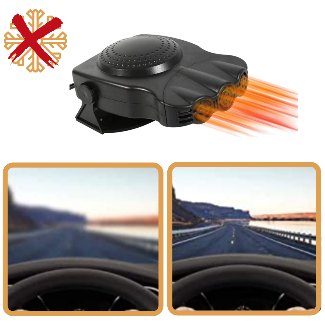 Kompaktowa nagrzewnica samochodowa z funkcją odszraniania, czarna, podłączona do zapalniczki, zapewnia odszranianie i wentylację.