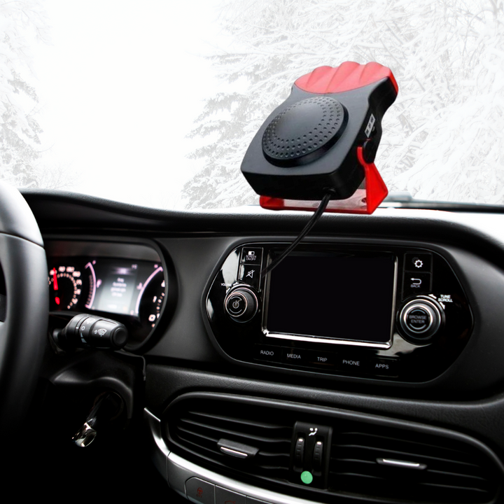 Kompaktowa nagrzewnica samochodowa z funkcją odszraniania, czarna, podłączona do zapalniczki, zapewnia odszranianie i wentylację.