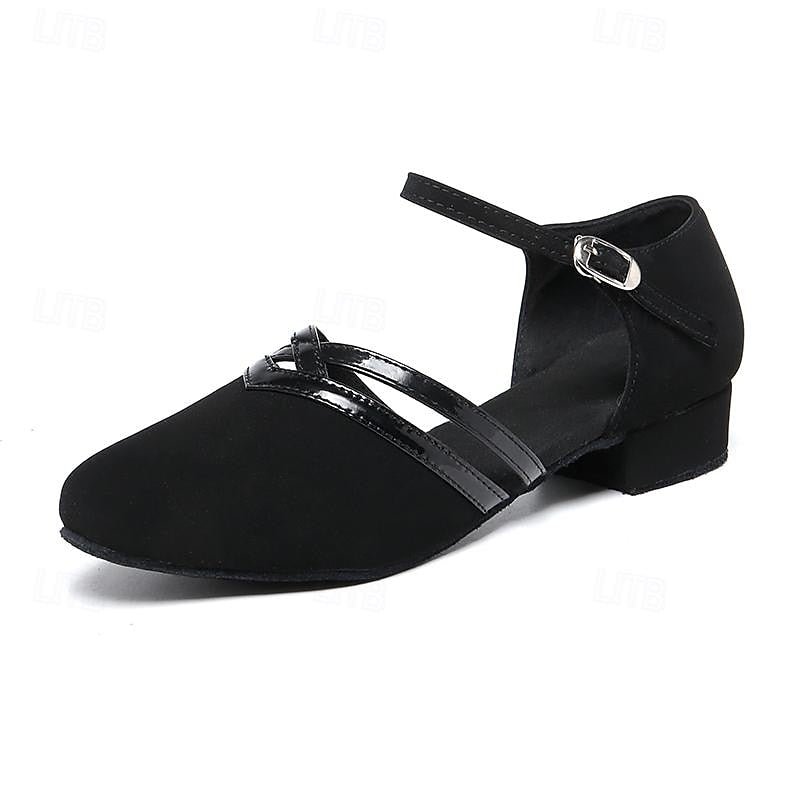 Czarne, eleganckie buty do tańca nowoczesnego na niskim obcasie, komfortowe i stylowe, z antypoślizgową podeszwą, dla kobiet.
