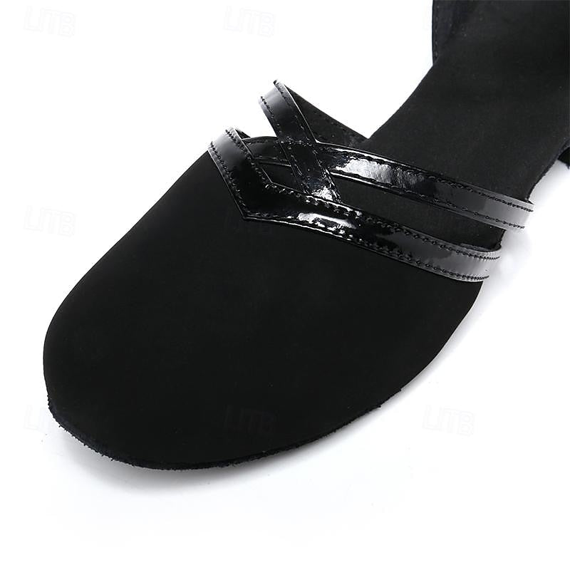 Czarne, eleganckie buty do tańca nowoczesnego na niskim obcasie, komfortowe i stylowe, z antypoślizgową podeszwą, dla kobiet.
