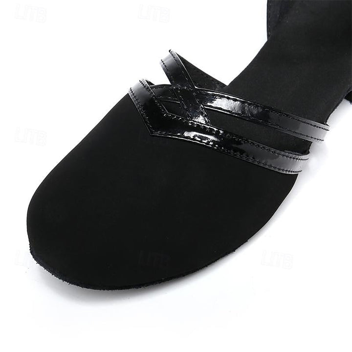 Czarne, eleganckie buty do tańca nowoczesnego na niskim obcasie, komfortowe i stylowe, z antypoślizgową podeszwą, dla kobiet.