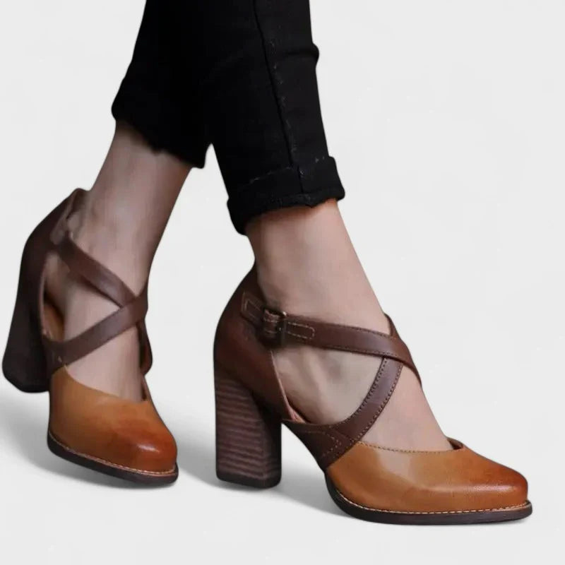 Damskie buty na krzyżowym obcasie, eleganckie i wygodne, nowoczesny design retro, z paskami i grubym obcasem.