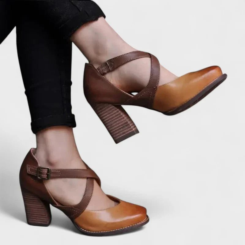 Damskie buty na krzyżowym obcasie, eleganckie i wygodne, nowoczesny design retro, z paskami i grubym obcasem.