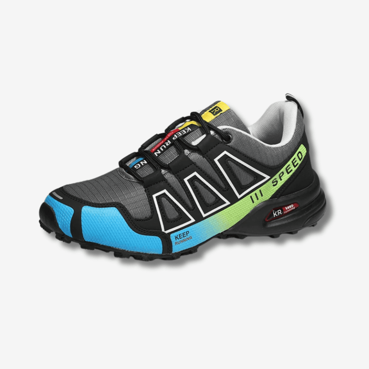 Chaussures de randonnée imperméables bleues, semelle antidérapante, offrant confort et stabilité sur terrains variés.