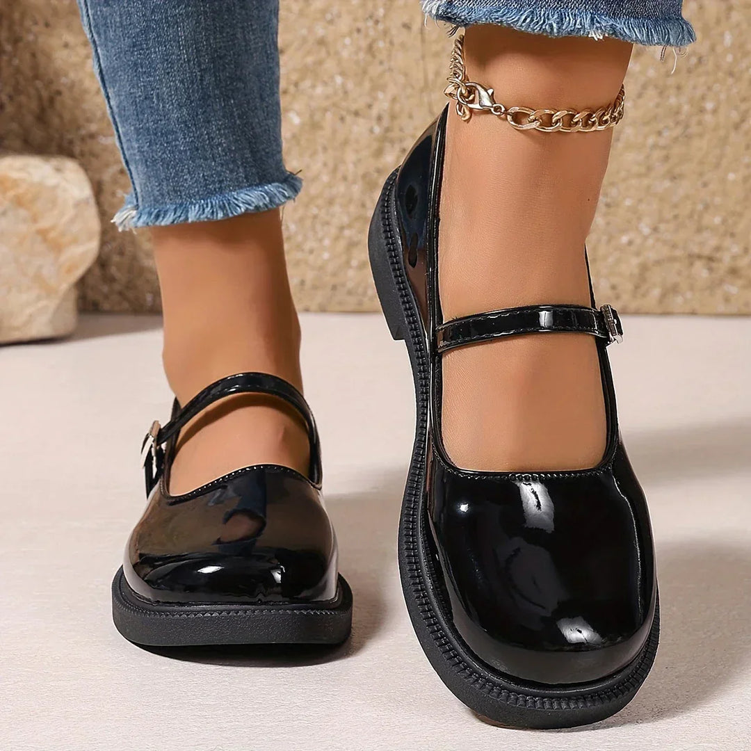 "Chaussures Mary Jane en cuir pour femmes, bout rond, sans lacet, élégantes et confortables, vue de profil"