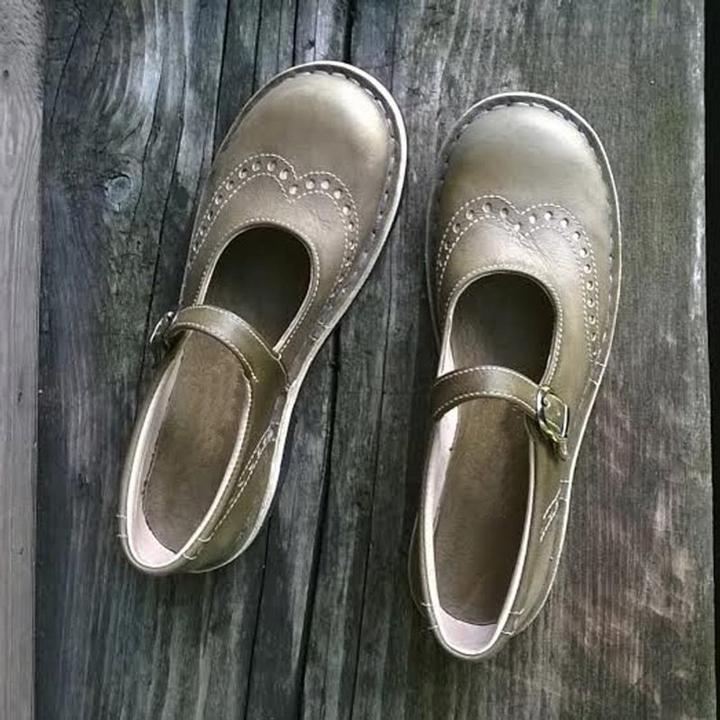 Damskie buty Mary Jane ze skóry vintage, z klamrą, detalami brogue, eleganckie i wygodne.