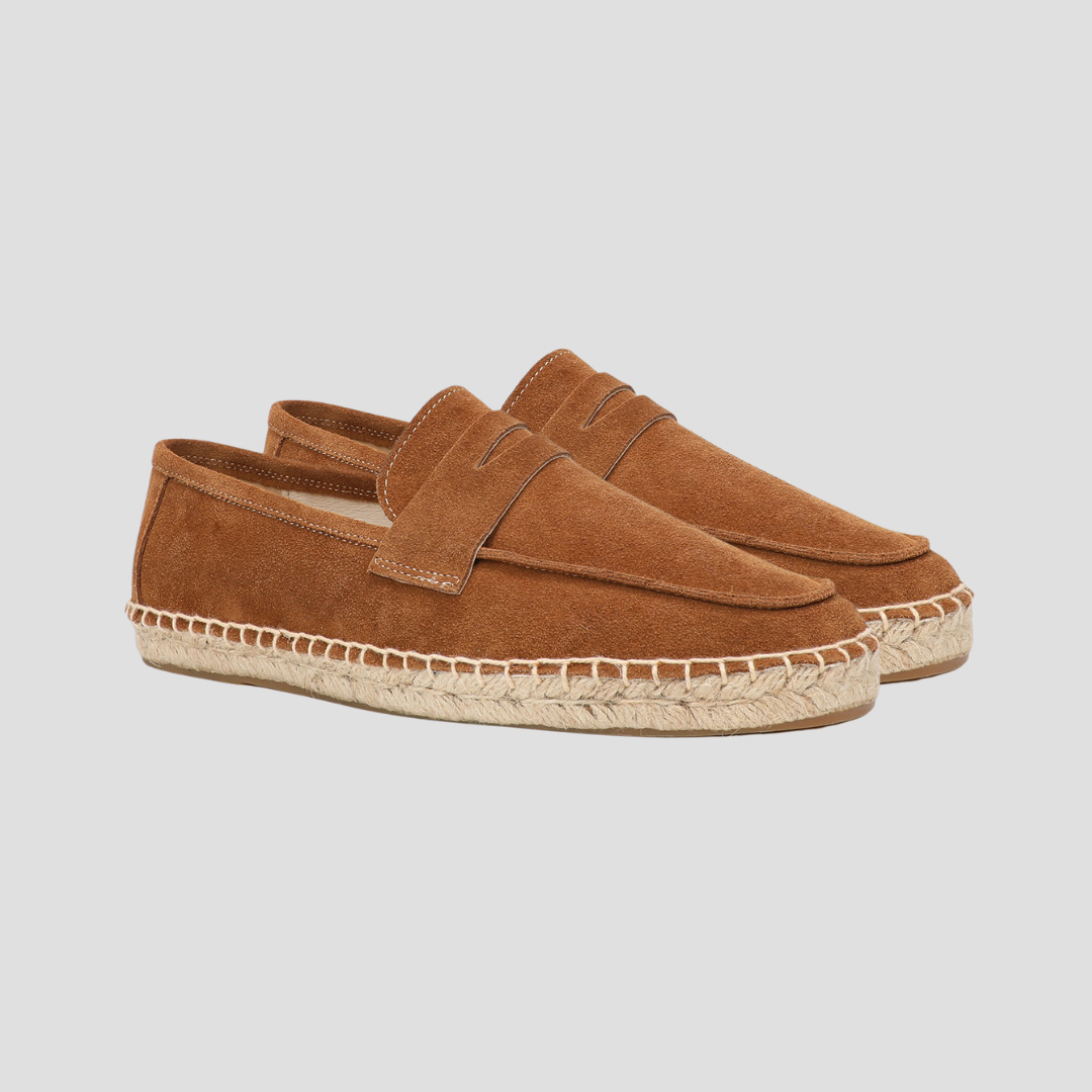 Męskie zamszowe mokasyny espadryle w kolorze beżowym, podeszwa z juty, styl śródziemnomorski, casualowa elegancja