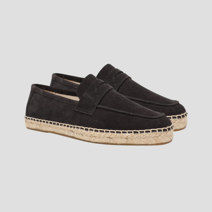 Męskie zamszowe mokasyny espadryle w kolorze beżowym, podeszwa z juty, styl śródziemnomorski, casualowa elegancja