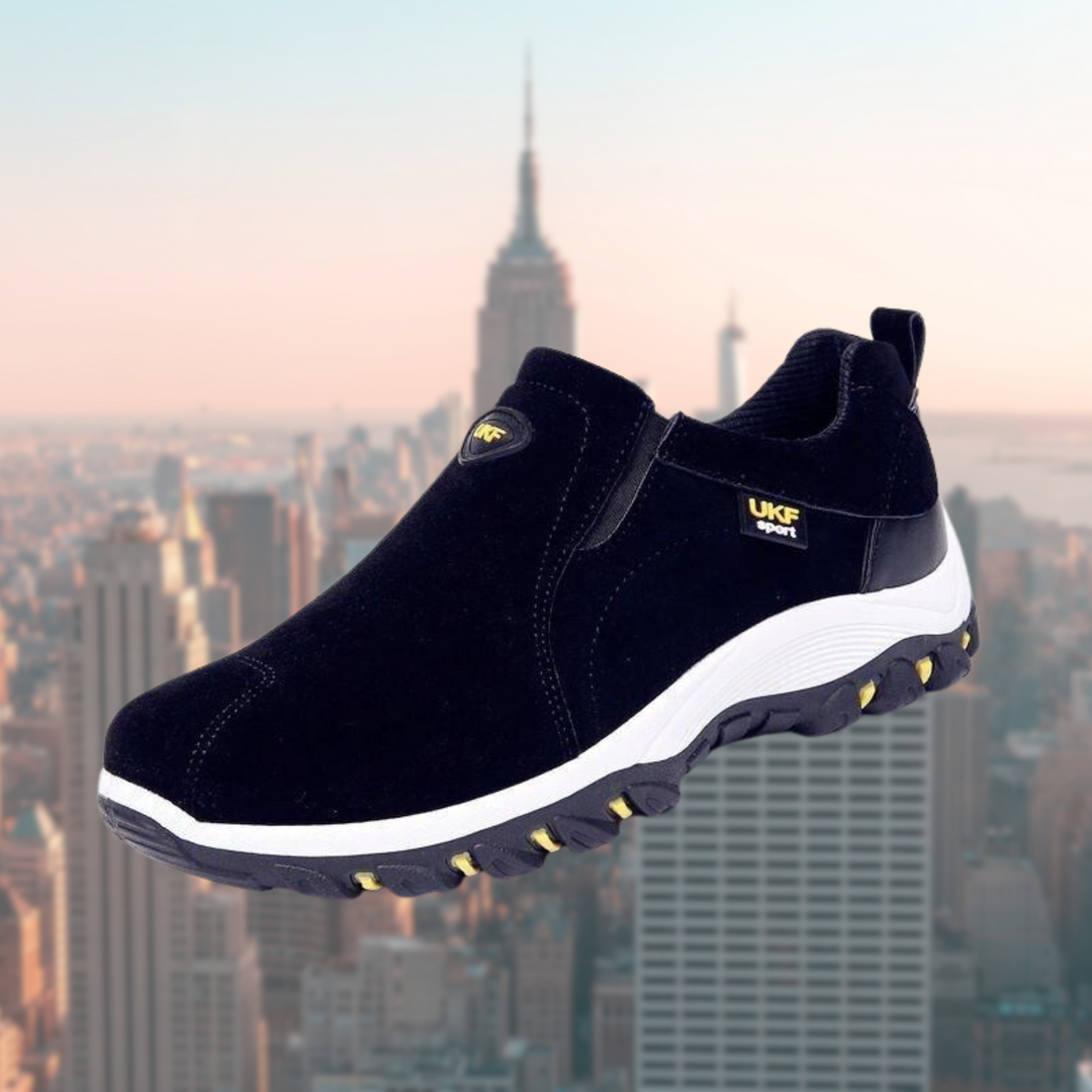 Wsuwane buty męskie w kolorze brązowym, zapewniające ulgę w bólu stóp i poprawę postawy.