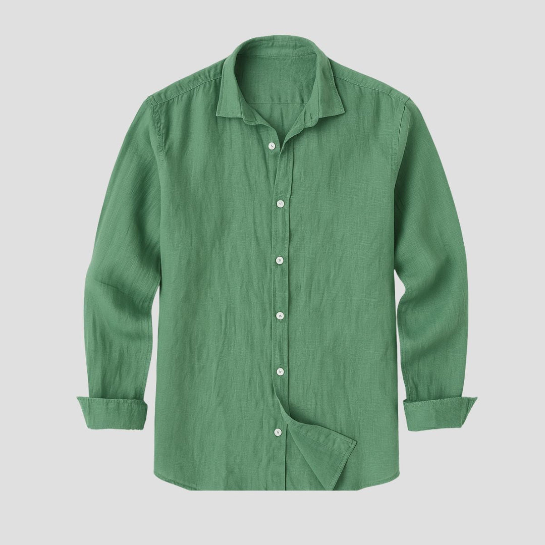Męska koszula bawełniana, lekka i przewiewna, klasyczny strukturalny kołnierz, podwijane długie rękawy, swobodny wygląd.