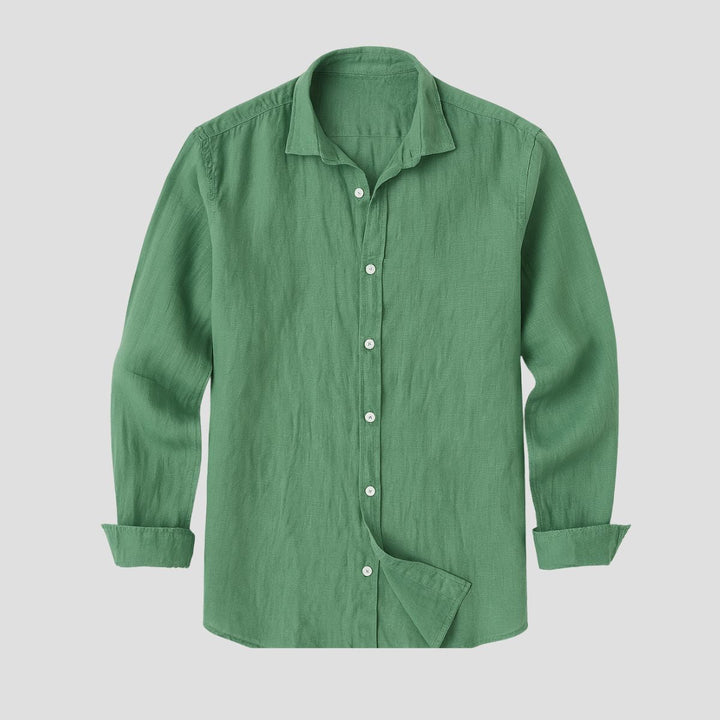 Męska koszula bawełniana, lekka i przewiewna, klasyczny strukturalny kołnierz, podwijane długie rękawy, swobodny wygląd.
