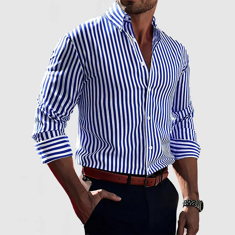 Chemise en coton rayé pour homme, manches longues, motif élégant, confortable, style chic et sophistiqué, tissu doux.