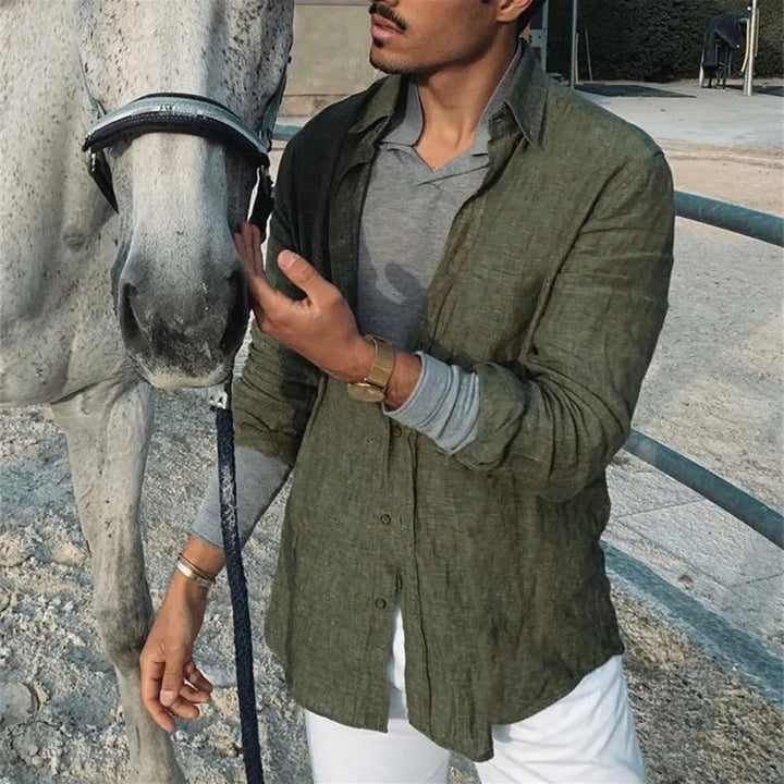 Męska luźna koszula lniana, beżowa, długi rękaw, klasyczny kołnierz, elegancki i oddychający styl