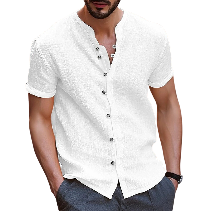 Męska koszula lniana, nowoczesny krój, lekka, niebieski kolor, elegancka na lato, oddychający komfort i swobodny styl.