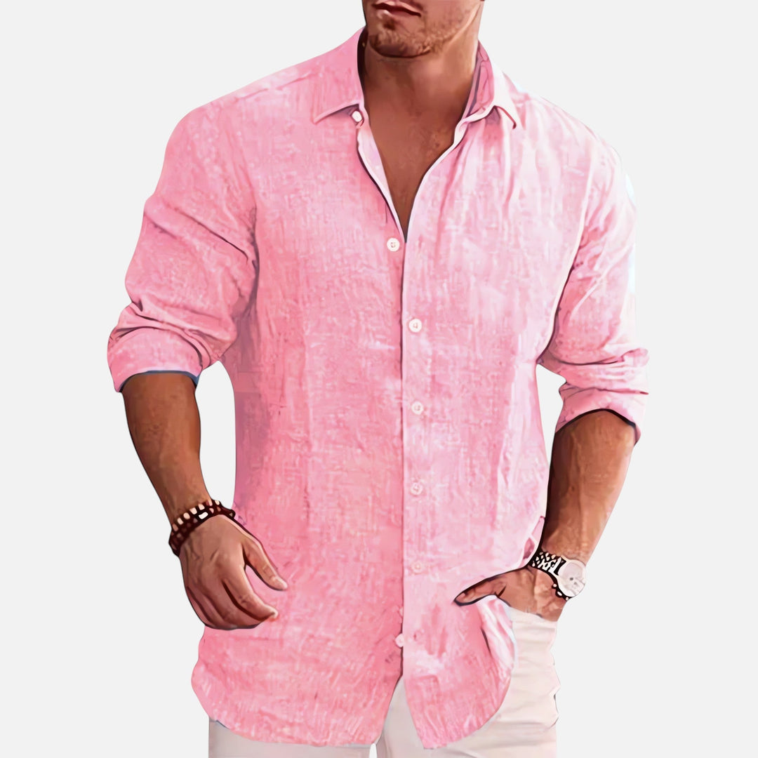 Męska koszula lniana, elegancka, z długim rękawem, o lekkiej i oddychającej teksturze, idealna na lato i casualowe okazje.