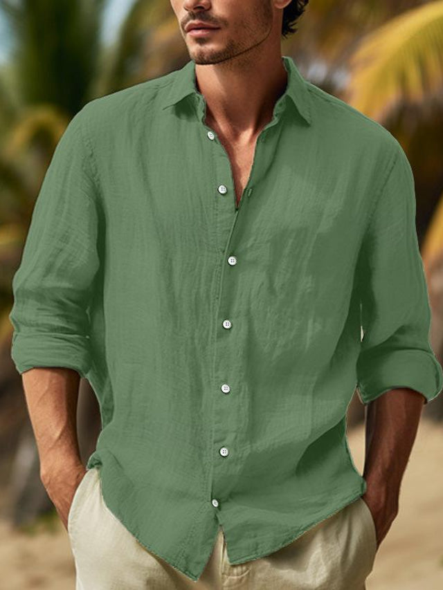 Męska koszula lniana z długimi rękawami, elegancka i wygodna, neutralny kolor, idealna na każdą okazję, widok z przodu.