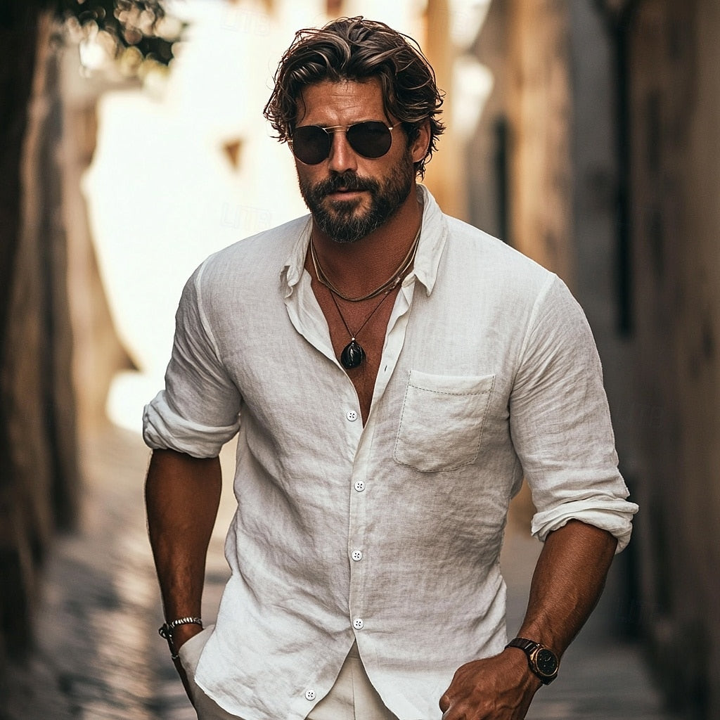 Męska koszula lniana, oddychająca, luźny krój, idealna na lato, elegancka i wygodna, styl casualowy