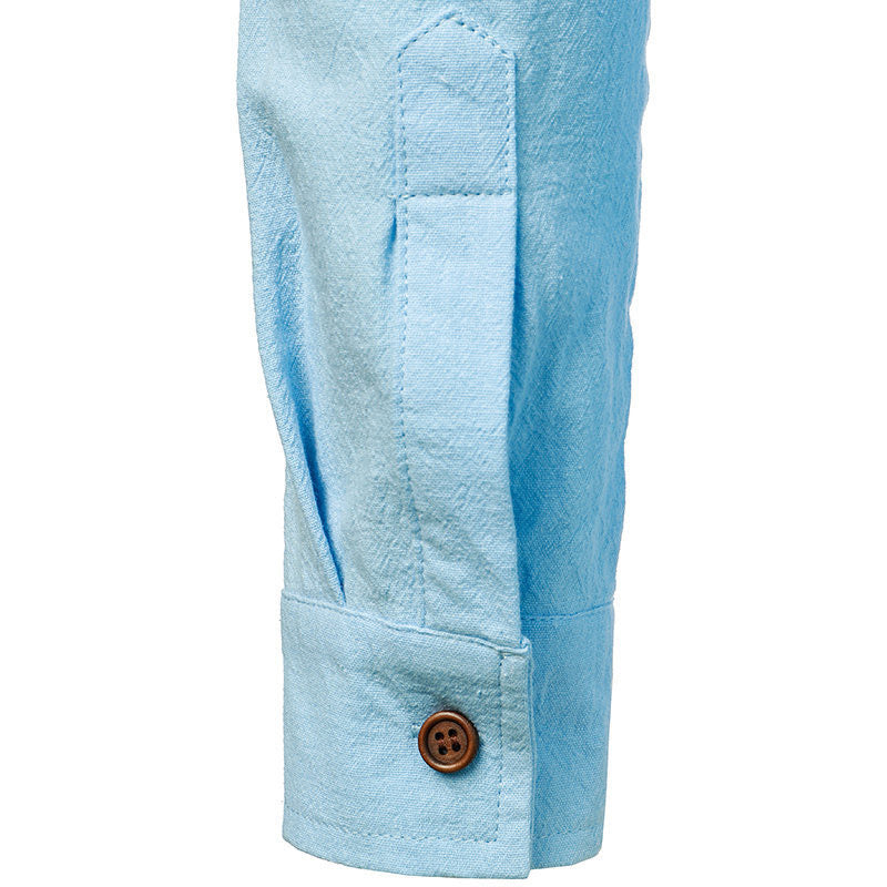 Męska koszula lniana vintage z długimi rękawami, elegancki i swobodny styl, jasnoniebieski kolor, idealna na każdą porę roku