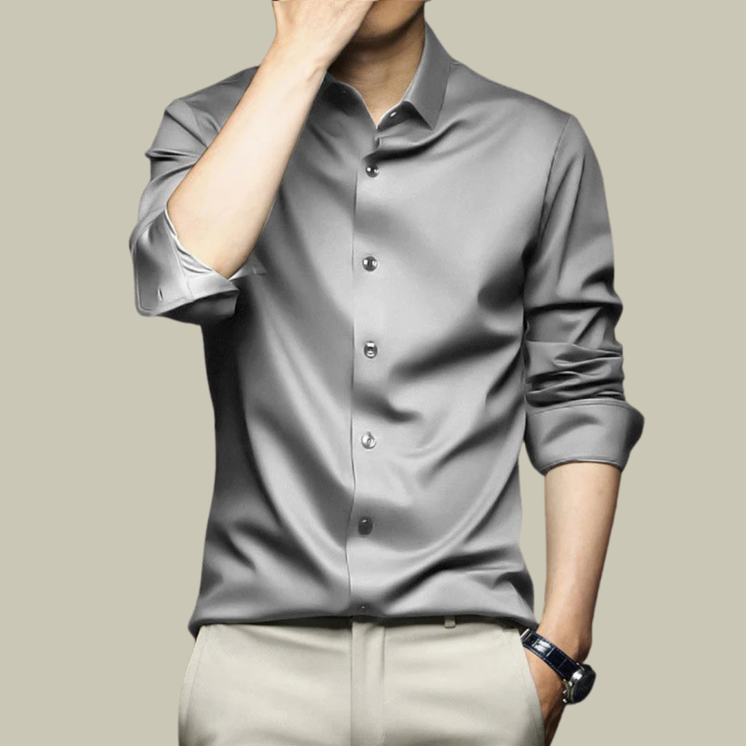 Męska koszula jedwabna, oficjalna, długi rękaw, dopasowany krój, elegancka, do wyrafinowanego i szykownego stylu.