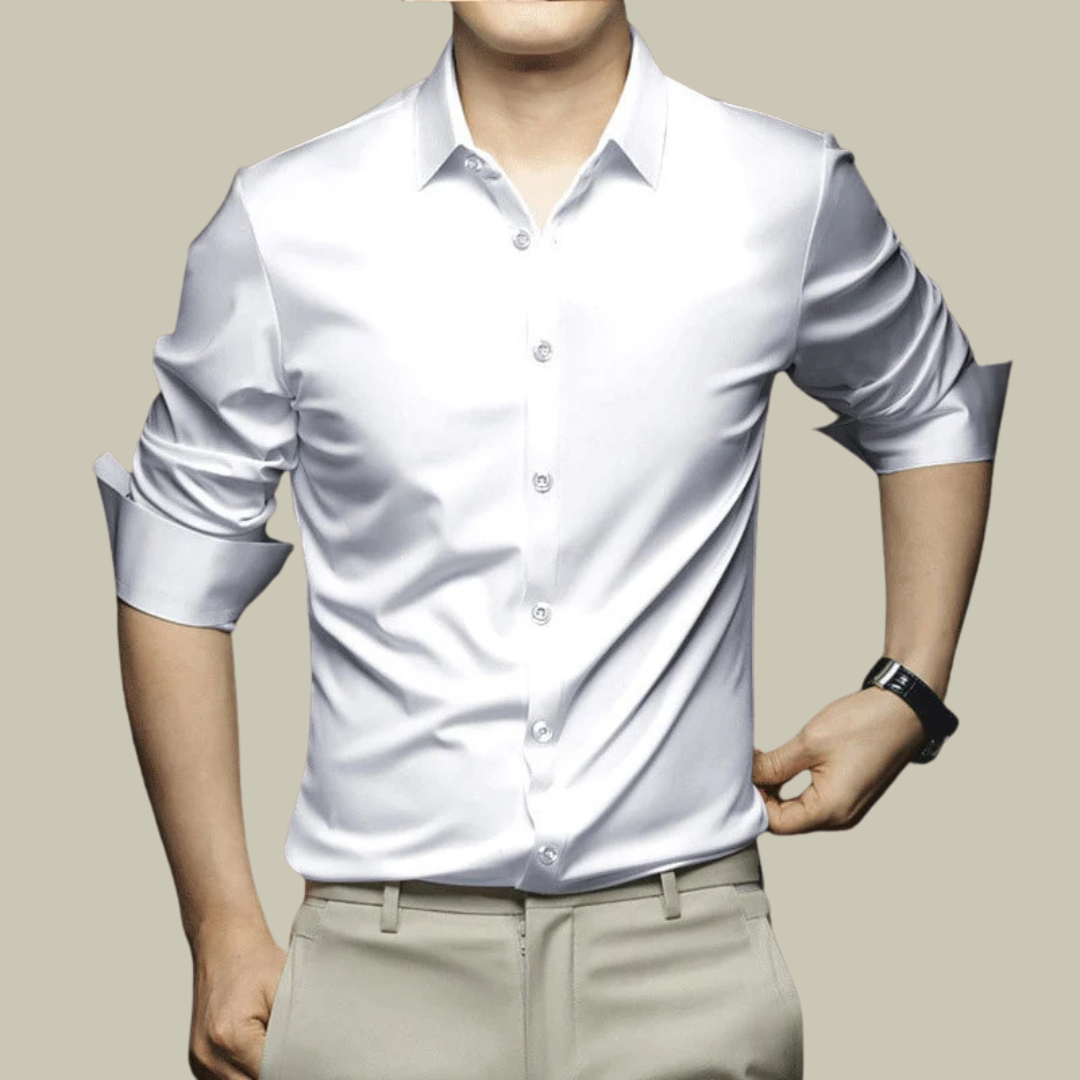 Męska koszula jedwabna, oficjalna, długi rękaw, dopasowany krój, elegancka, do wyrafinowanego i szykownego stylu.