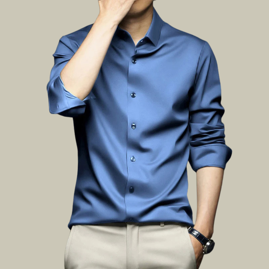 Męska koszula jedwabna, oficjalna, długi rękaw, dopasowany krój, elegancka, do wyrafinowanego i szykownego stylu.