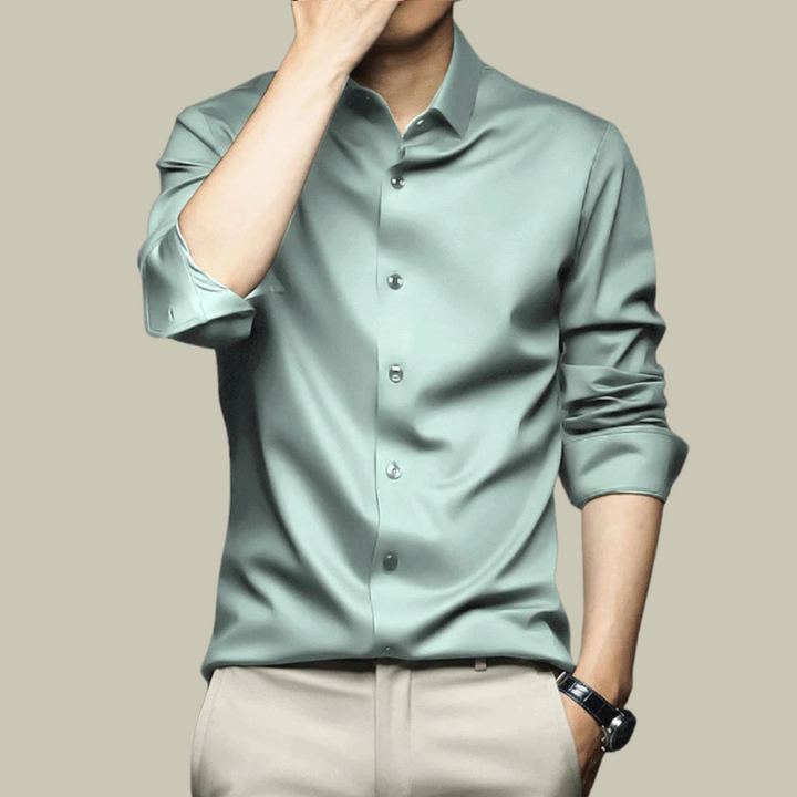 Męska koszula jedwabna, oficjalna, długi rękaw, dopasowany krój, elegancka, do wyrafinowanego i szykownego stylu.