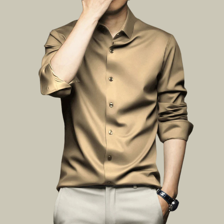 Męska koszula jedwabna, oficjalna, długi rękaw, dopasowany krój, elegancka, do wyrafinowanego i szykownego stylu.