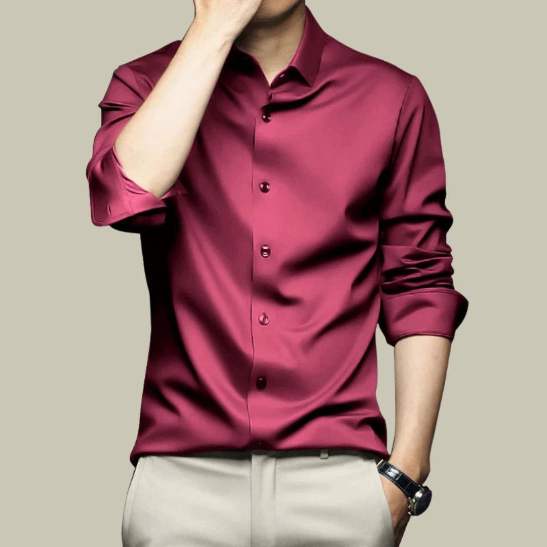 Męska koszula jedwabna, oficjalna, długi rękaw, dopasowany krój, elegancka, do wyrafinowanego i szykownego stylu.