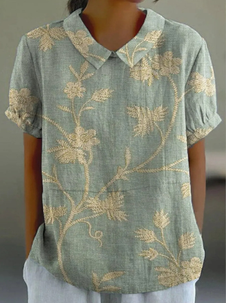 Damska koszula w stylu retro z bawełny i lnu, z motywem kwiatowym, luźny krój, eleganckie wzory, idealna na eleganckie i słoneczne okazje