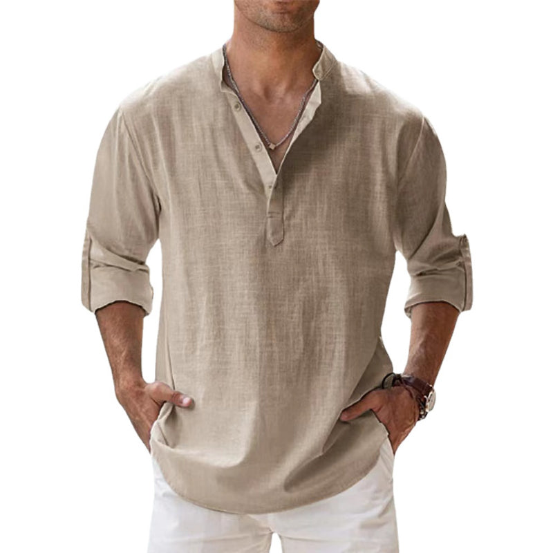 Chemise Henley en lin légère pour homme avec col classique et manches longues, idéale pour l'été, respirante et élégante.
