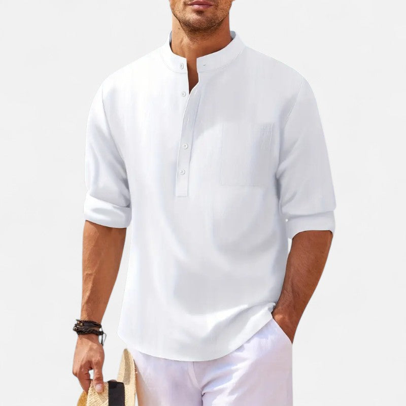 Męska koszula ze stójką z bawełny i lnu, podwijane rękawy, elegancka i wygodna, styl casual smart na lato