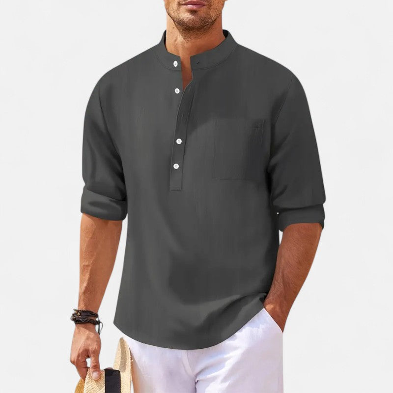 Męska koszula ze stójką z bawełny i lnu, podwijane rękawy, elegancka i wygodna, styl casual smart na lato