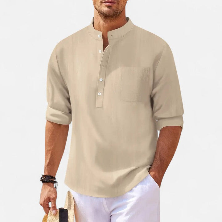 Męska koszula ze stójką z bawełny i lnu, podwijane rękawy, elegancka i wygodna, styl casual smart na lato