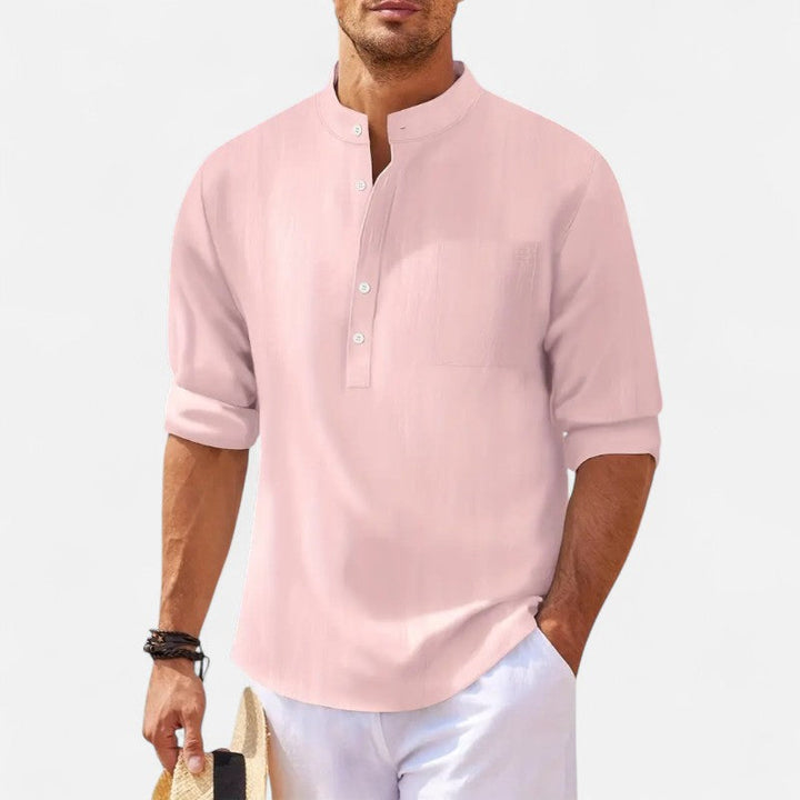 Męska koszula ze stójką z bawełny i lnu, podwijane rękawy, elegancka i wygodna, styl casual smart na lato