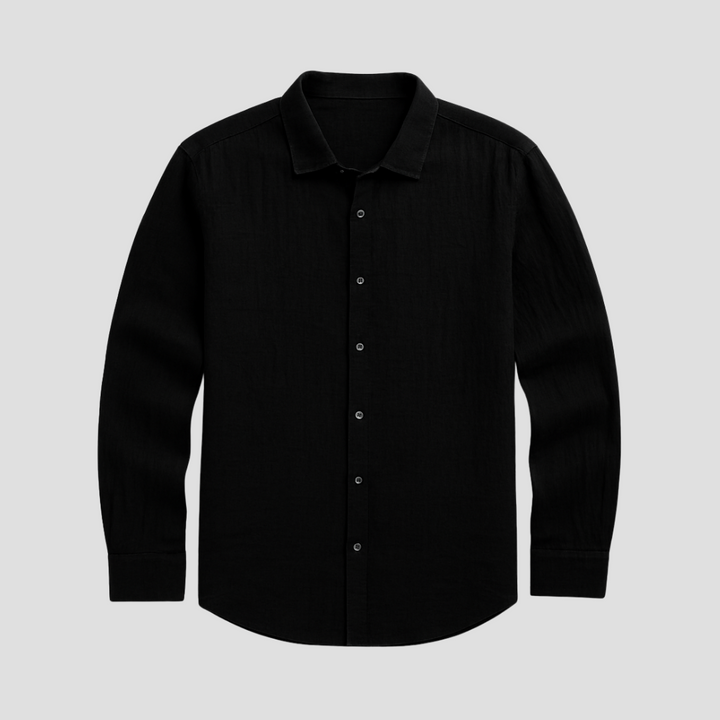 Męska koszula z bawełny i lnu, lekka, długie rękawy, prosty krój, klasyczny kołnierzyk, widok z przodu, idealna na lato.