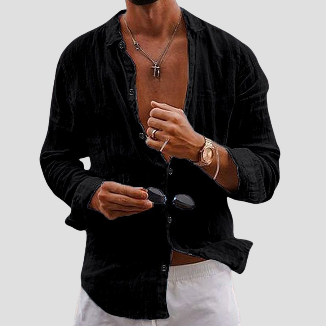 Męska koszula z bawełny i lnu, lekka, długie rękawy, prosty krój, klasyczny kołnierzyk, widok z przodu, idealna na lato.