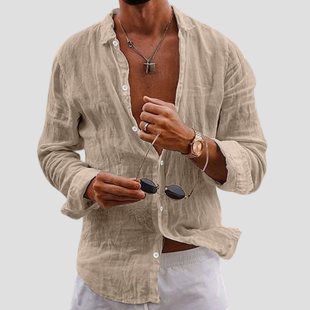 Męska koszula z bawełny i lnu, lekka, długie rękawy, prosty krój, klasyczny kołnierzyk, widok z przodu, idealna na lato.