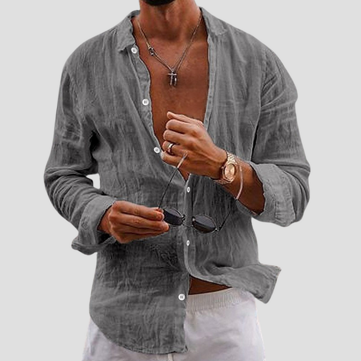 Męska koszula z bawełny i lnu, lekka, długie rękawy, prosty krój, klasyczny kołnierzyk, widok z przodu, idealna na lato.
