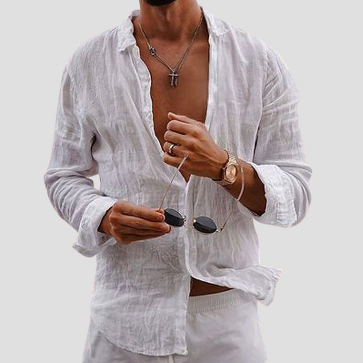 Męska koszula z bawełny i lnu, lekka, długie rękawy, prosty krój, klasyczny kołnierzyk, widok z przodu, idealna na lato.