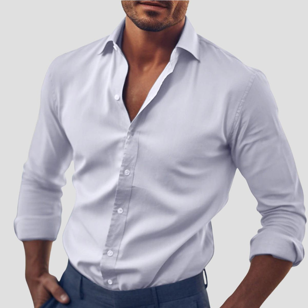 Męska bawełniana koszula elegancka z dopasowanym krojem, włoskim kołnierzykiem i regulowanymi mankietami.