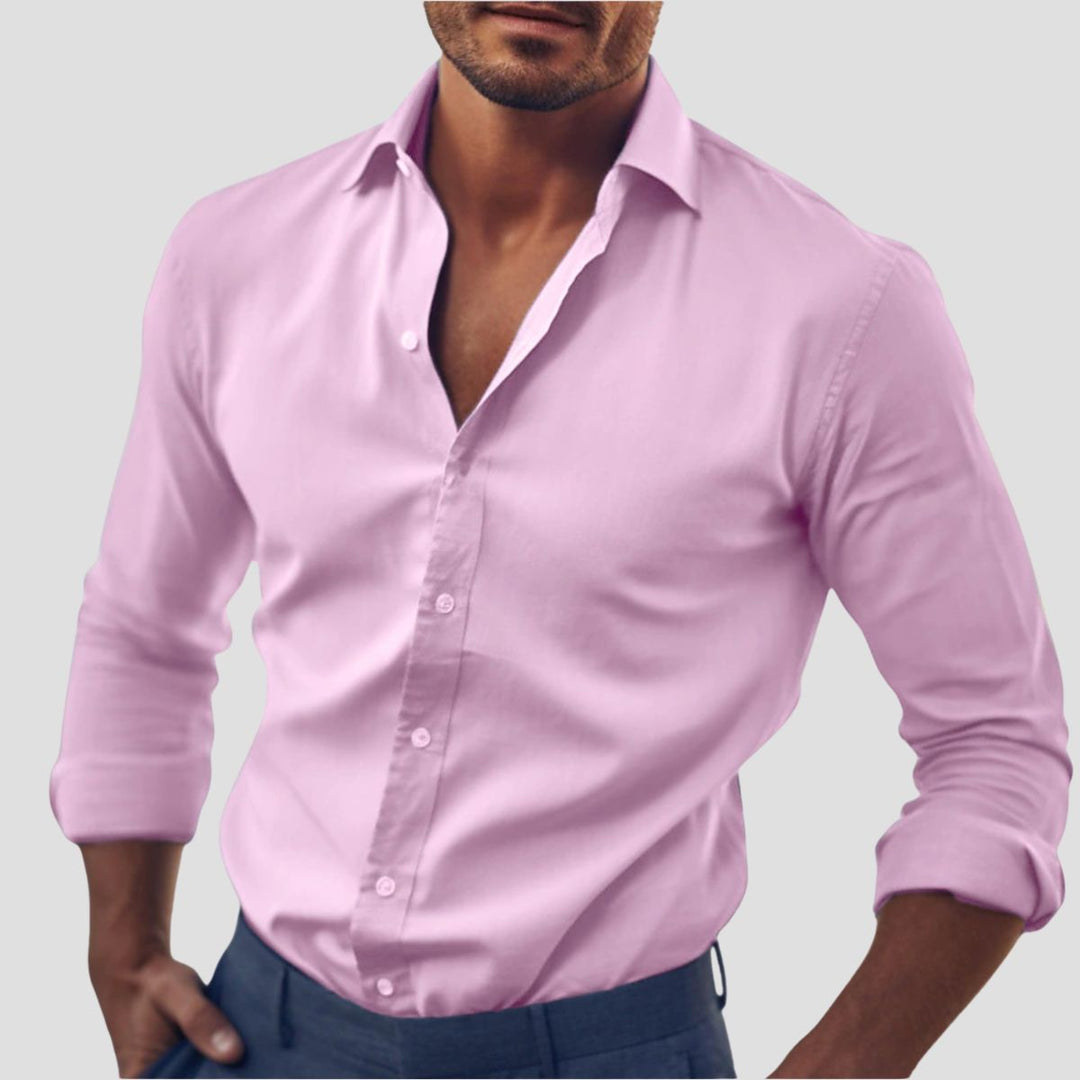 Męska bawełniana koszula elegancka z dopasowanym krojem, włoskim kołnierzykiem i regulowanymi mankietami.