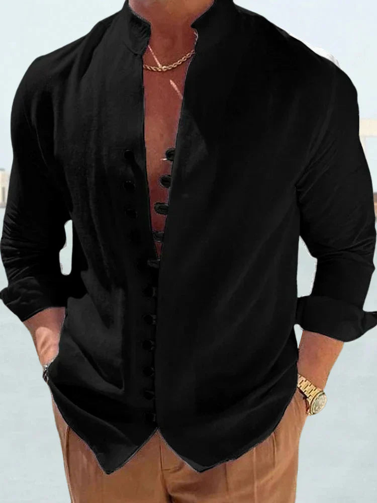 Męska koszula lniana, elegancka i wszechstronna, klasyczny krój, czyste linie, idealna do nowoczesnego stylu i optymalnego komfortu.