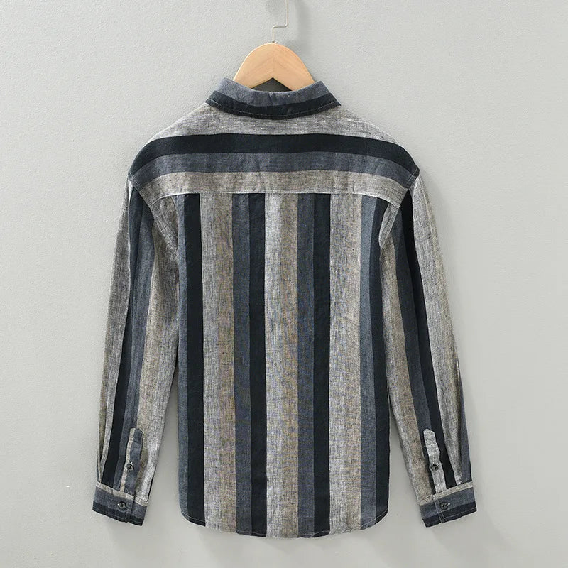 Elegancka męska koszula w paski z lnu, długi rękaw, jasnoniebieska z khaki, lekki i oddychający materiał.