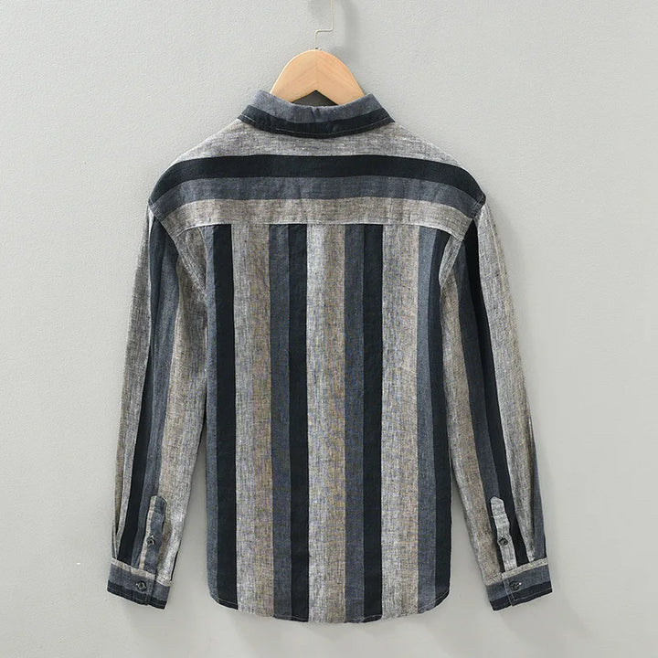 Elegancka męska koszula w paski z lnu, długi rękaw, jasnoniebieska z khaki, lekki i oddychający materiał.