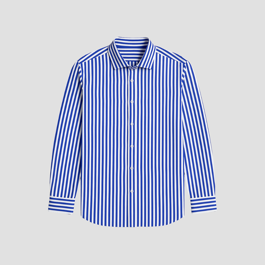 Męska koszula w paski z bawełny premium, długi rękaw, dopasowany krój, klasyczny wzór w paski, elegancja i wyrafinowany komfort.