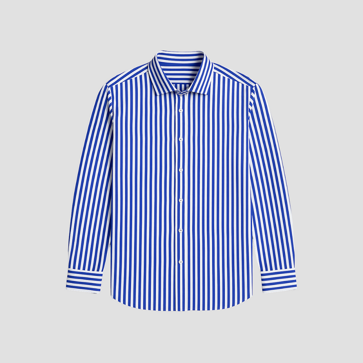 Męska koszula w paski z bawełny premium, długi rękaw, dopasowany krój, klasyczny wzór w paski, elegancja i wyrafinowany komfort.