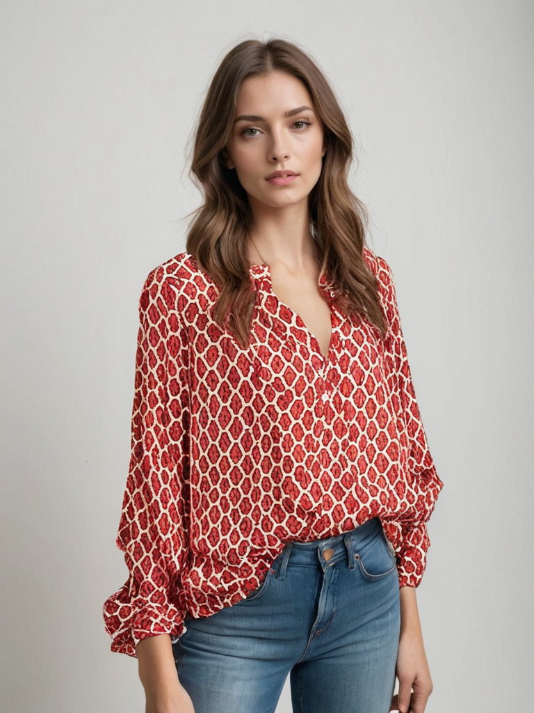 Dół damskiej bluzki z bawełny z dekoltem w szpic, pokazujący eleganckie wykończenie.