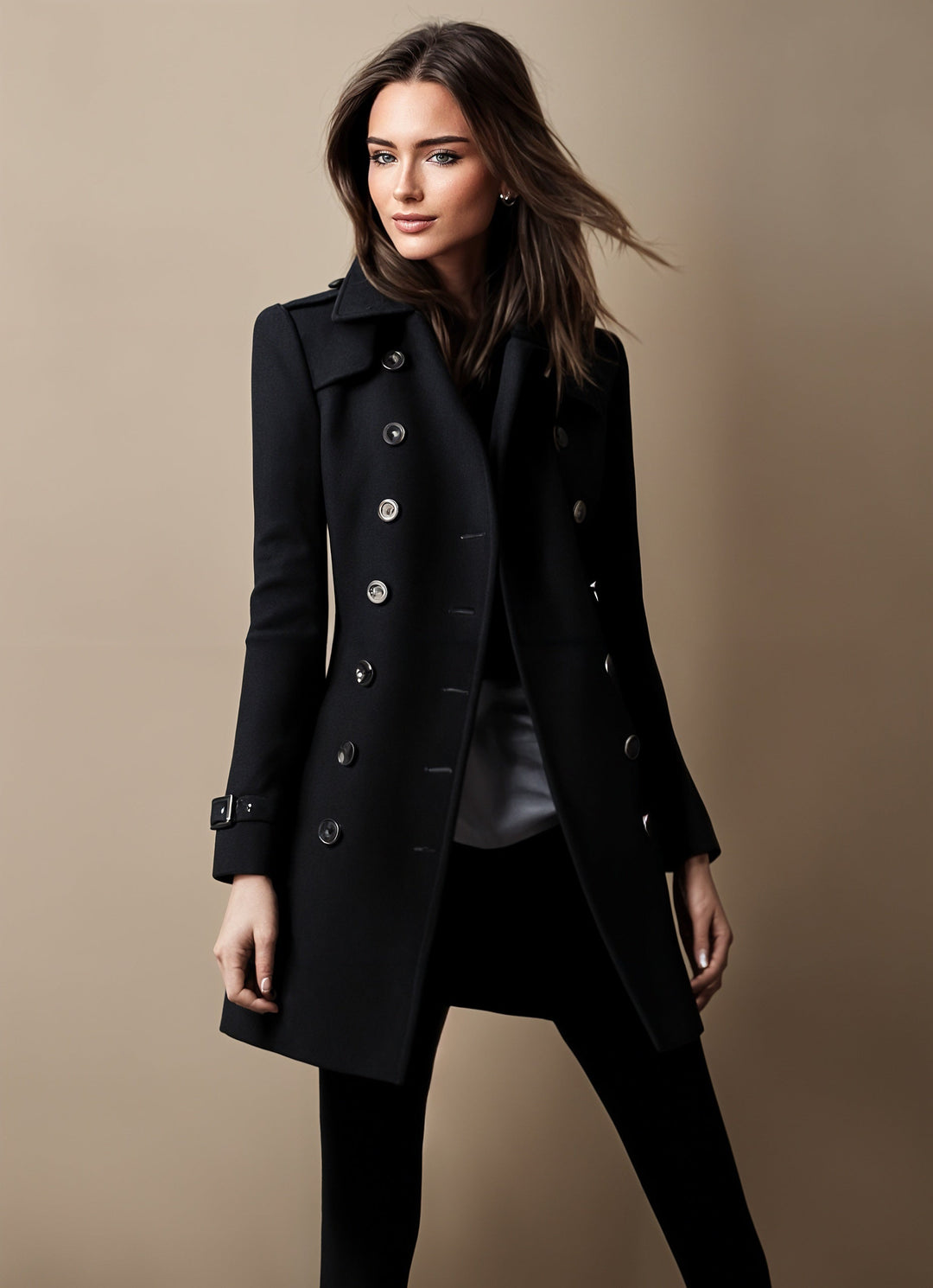 "Chic manteau d'hiver femme, coupe élégante, tissu chaud avec patte de boutonnage, parfait pour le style hivernal."