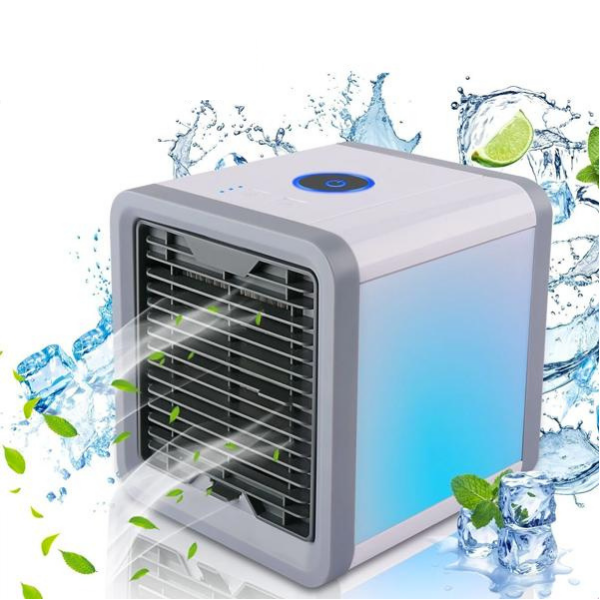 Kompaktowy, wielofunkcyjny przenośny klimatyzator 3-w-1 z wielokolorowym oświetleniem LED, idealny do chłodzenia i nawilżania.